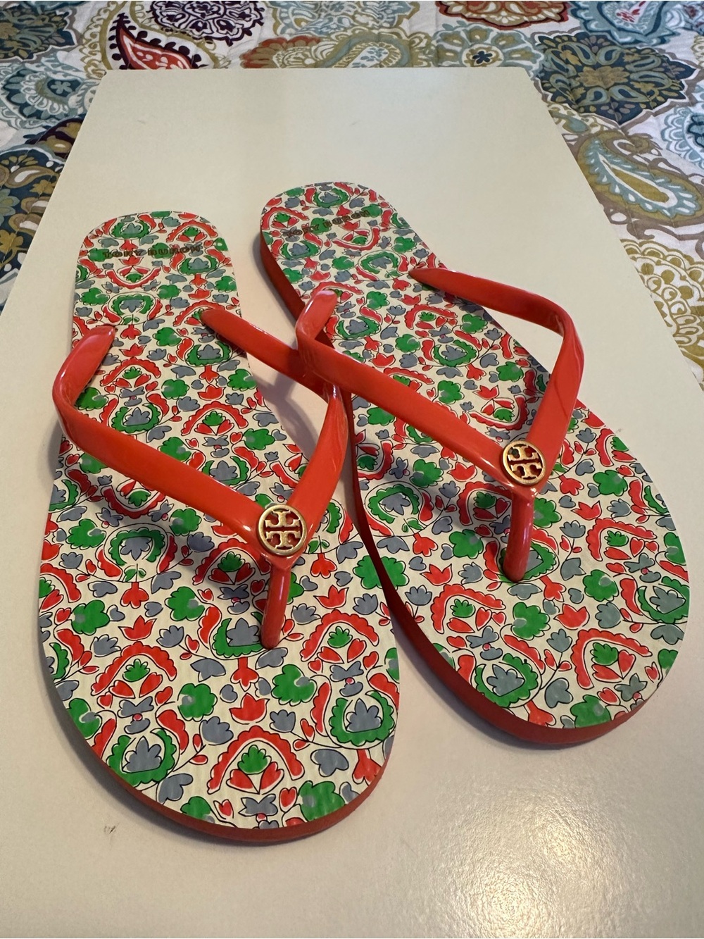 Tory Burch Coral Red Strappy Flip Flops with Multicolor Floral Footbed